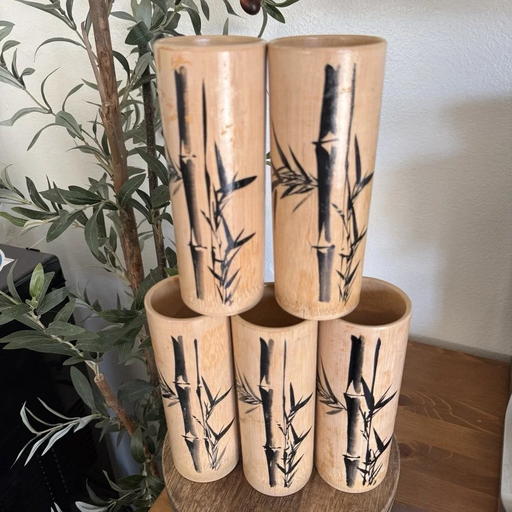 Set of 5 Vintage 60s Japanese Hand Brush Painted Natural Bamboo Cups Vases Decor